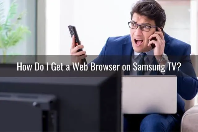 Businessman yelling on phone about why TV isn't working