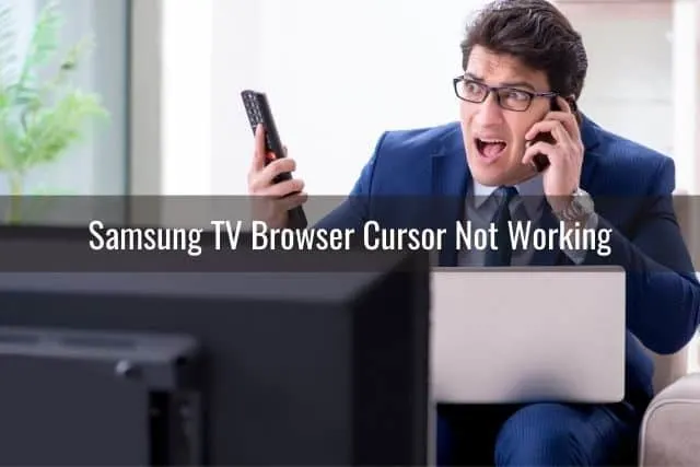 Man businessman talking on the phone and holding a TV remote