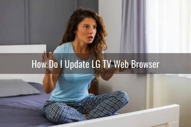 Confused woman on bed with TV remote in hand
