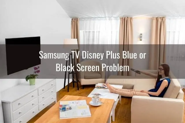 Female sitting on sofa with remote turning TV on