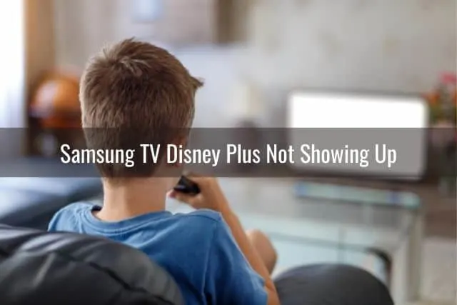 Boy turning on TV with remote