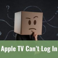 Cardboard box face with question marks floating around in the background