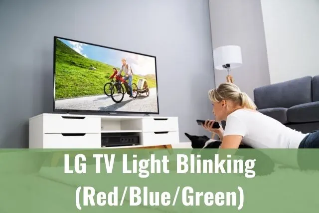 Female with dog lying on living room floor watching TV