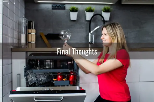Woman holding the cup of wine in the dishwasher