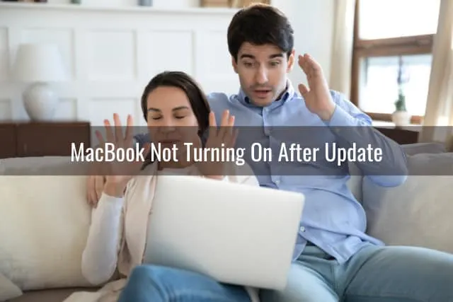 Shock couple looking at their laptop