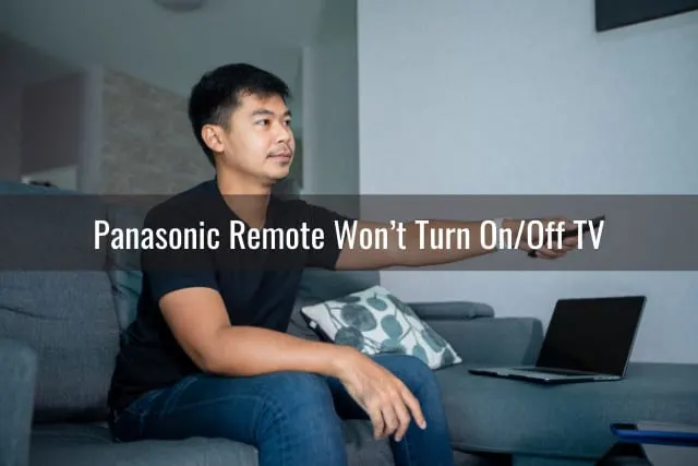 Man holding a remote while pointing at the TV