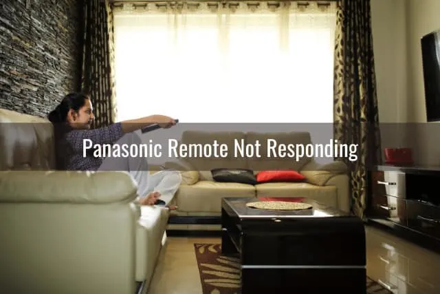 Woman holding a remote while pointing in the TV