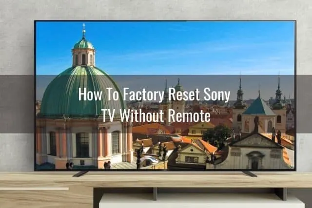 Large flat screen TV with display showing old buildings