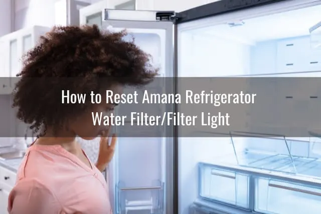Confused woman looking at the refrigerator