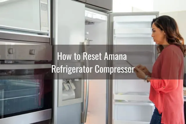 Confused woman looking at the refrigerator