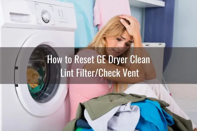 Frustrated woman sitting behind the dryer